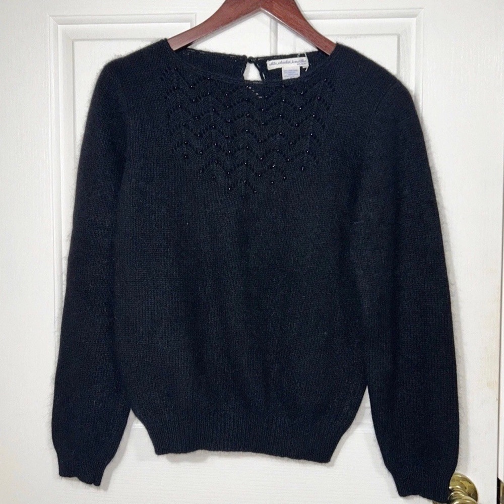 Vintage Black Angora Blend Beaded Sweater Soft Fuzzy Knit Crew Neck Size M